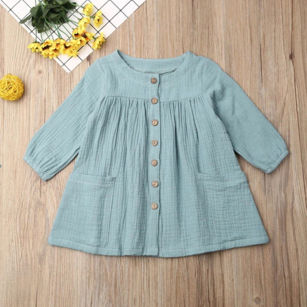 Boho Girl Dusty Blue Muslin Cotton Long Sleeve Dress Pockets Button Up Sz 4-5 - Picture 2 of 6